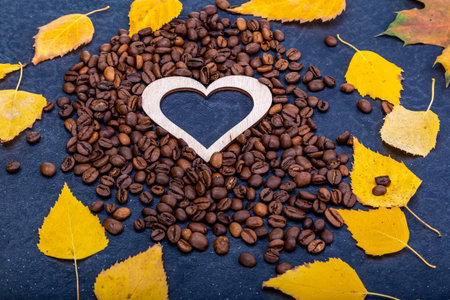 Coffee beans copy space background heart shaped food frameの写真素材