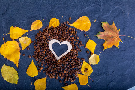 Coffee beans copy space background heart shaped food frameの写真素材