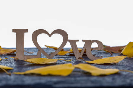 The inscription Love on a dark stone background with yellow leaves.の写真素材