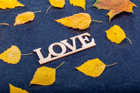 The inscription Love on a dark stone background with yellow leaves.の写真素材