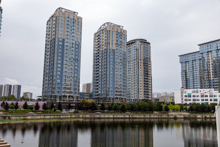 Residential buildings by the lakeの写真素材