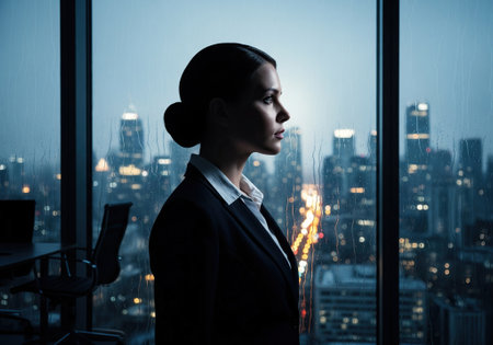 Confident businesswoman standing by window overlooking modern city skyline at night.の写真素材