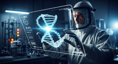 Scientist astronaut interacting with holographic DNA model, futuristic biotechnology and space research concept.の写真素材