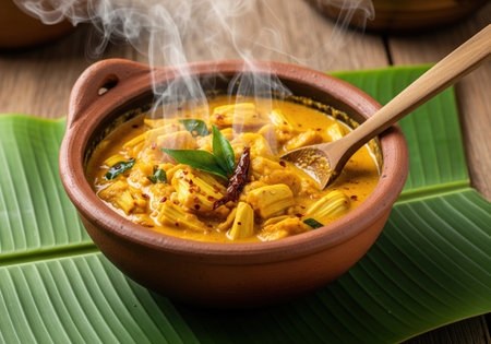 Steaming hot Asian soup served in rustic clay bowl with herbs.の写真素材