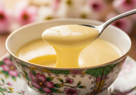 Traditional milk pudding dessert served with spoon in floral porcelain bowl.の写真素材