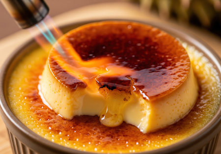 Close up of creamy caramelized crÃ¨me brÃ»lÃ©e with spoon breaking crust.の写真素材