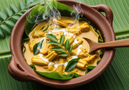 Steaming hot Indonesian chicken curry served in clay pot with herbs.の写真素材