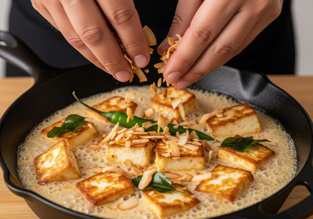 Person adding topping to freshly cooked traditional Indonesian dish on plate.の写真素材