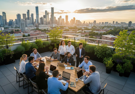 Business team meeting outdoors on rooftop terrace with modern city skyline.の写真素材