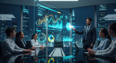 Business team analyzing futuristic digital data dashboard in high tech office.の写真素材