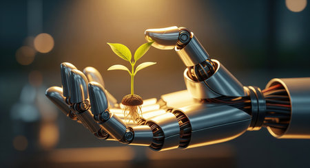 Robotic hand nurturing green plant seedling, artificial intelligence and eco sustainability concept.の写真素材