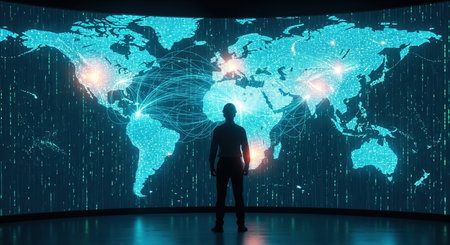 Man analyzing futuristic holographic world map with global network connections.