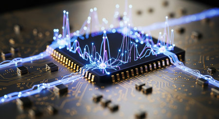 Artificial intelligence microchip with glowing data visualization lines, futuristic technology...