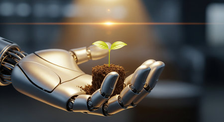 Robotic hand nurturing young green plant seedling, concept of artificial intelligence and eco sustainability.の写真素材