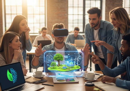 Creative business team using VR headset with holographic eco-friendly planet concept in office.