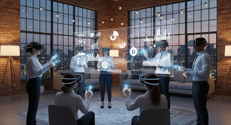 Futuristic business presentation with holographic augmented reality interface in modern office.