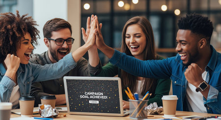 Happy marketing team celebrating successful digital campaign with laptop in modern office.の写真素材