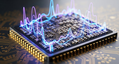 Artificial intelligence microchip with glowing digital data visualization, futuristic technology and innovation concept.の写真素材