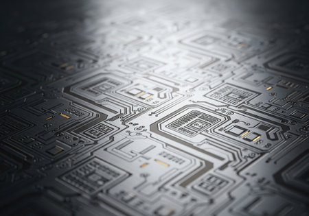 Close up of abstract futuristic digital microchip circuit design.の写真素材