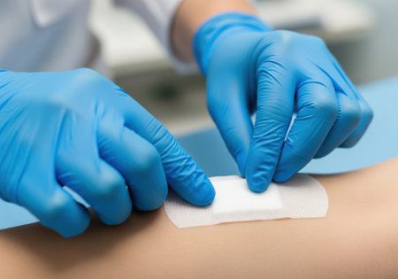 Medical professional applying adhesive bandage on patient in hospital.の写真素材