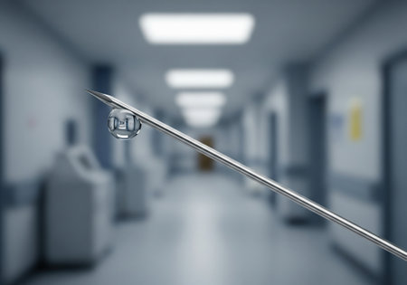 Close up of medical syringe needle in hospital corridor background.の写真素材