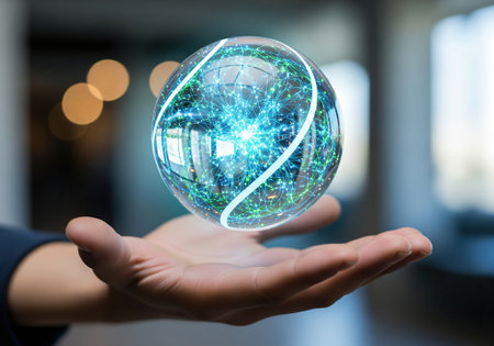 Futuristic holographic globe floating above human hand with digital interface.の写真素材