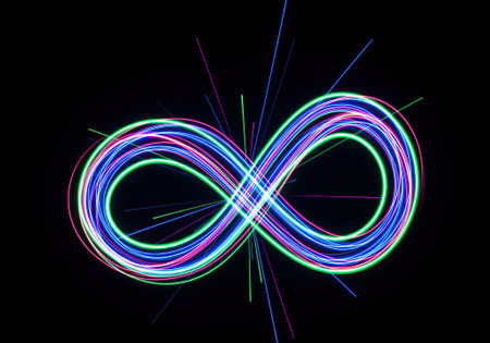 Abstract futuristic glowing infinity sign with colorful digital trails.の写真素材