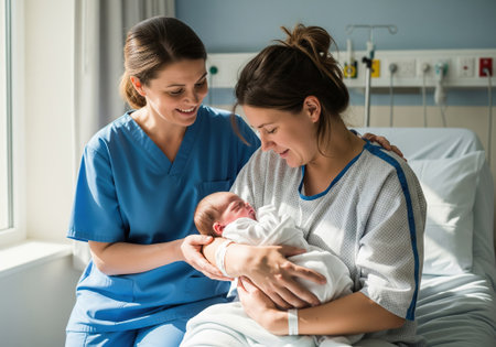 Nurse handing newborn baby to happy mother in hospital maternity ward.の写真素材