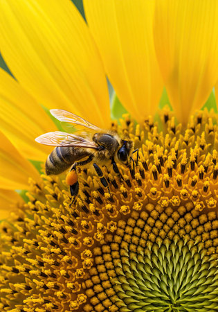 Close up of bee collecting nectar on bright sunflower bloom.の写真素材