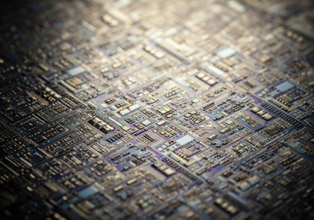 Close up of electronic microchip processor with complex circuit design.の写真素材
