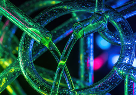 Glowing colorful neon liquid flowing in futuristic glass structure.の写真素材