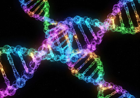 Colorful glowing DNA double helix structure on dark background.の写真素材
