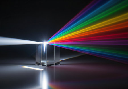 Rainbow light spectrum passing through glass prism in dark background.の写真素材