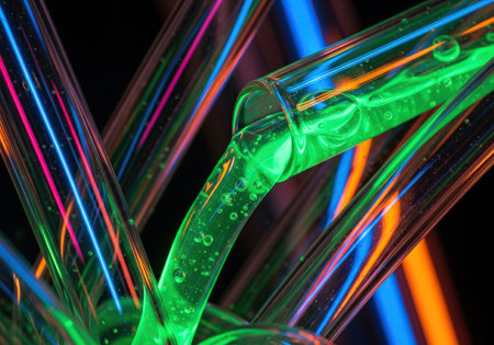 Glowing colorful neon liquid flowing in futuristic glass tube.の写真素材