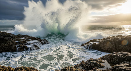 Massive wave crashing onto rocks with dramatic splash at the coastline.