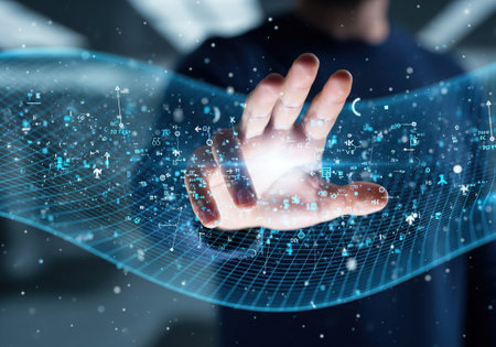 Human hand interacting with futuristic digital holographic technology interface.の写真素材