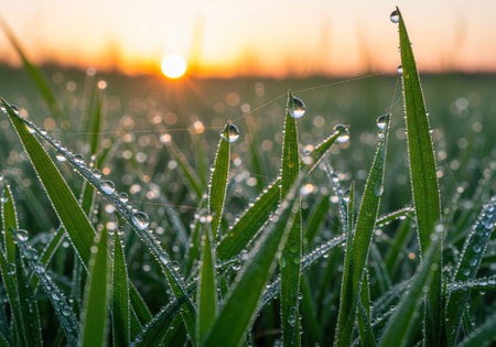 Fresh green grass with morning dew drops in natural sunlight.の写真素材