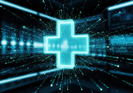 Futuristic glowing holographic medical cross symbol with digital healthcare interface.の写真素材