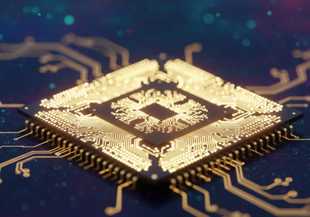 Golden microchip processor with glowing circuit design on motherboard, digital technology concept.の写真素材