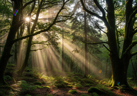 Dense forest with sunlight shining through tall green trees in natural environment.