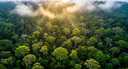 Dense tropical rainforest with mist and morning sunlight above trees.の写真素材
