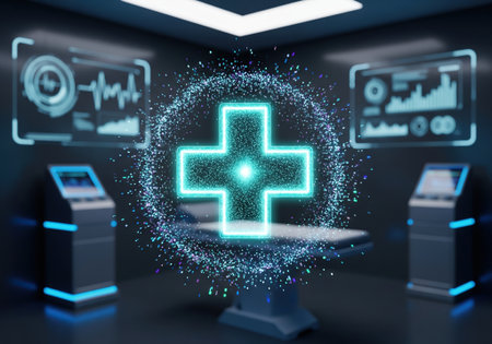 Glowing futuristic holographic medical cross with healthcare technology background.の写真素材