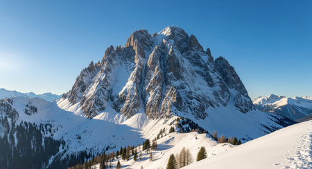 Snow covered rocky mountain peak under clear blue sky in winter.の写真素材