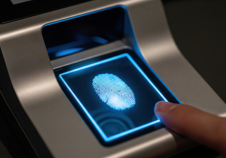 Person scanning fingerprint on futuristic digital biometric security device.の写真素材