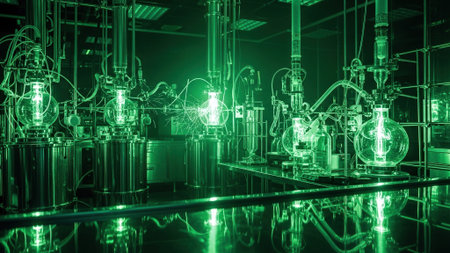 A futuristic laboratory setup with green glowing equipment and machinery, perfect for scientific research and experimentation in a modern industrial setting.の写真素材