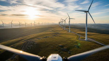 Wind turbines generating clean energy at sunset in a green landscape, symbolizing a sustainable future and eco friendly technologyの写真素材