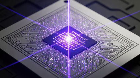 3D rendering of a cpu with microchips and binary codeの写真素材