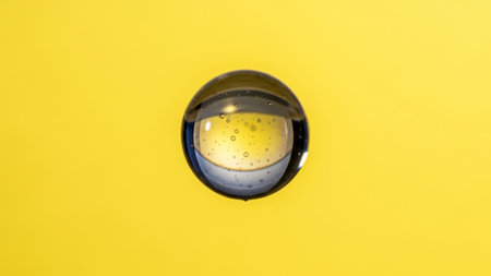 A shiny golden liquid droplet on a bright yellow background, conveying purity and simplicity.の写真素材