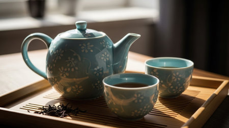 tea set on wooden tray, close up, shallow depth of fieldの写真素材