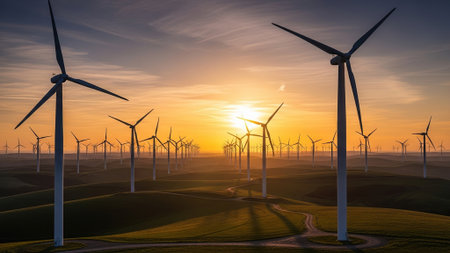 Windmills for electric power production at sunset, Zaragoza province, Aragon, Spain.